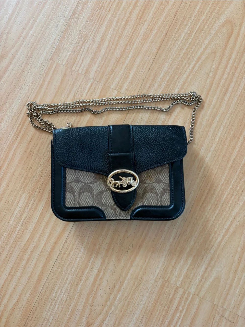 Coach Black Leather & Signature Canvas Crossbody Wallet with Gold Chain